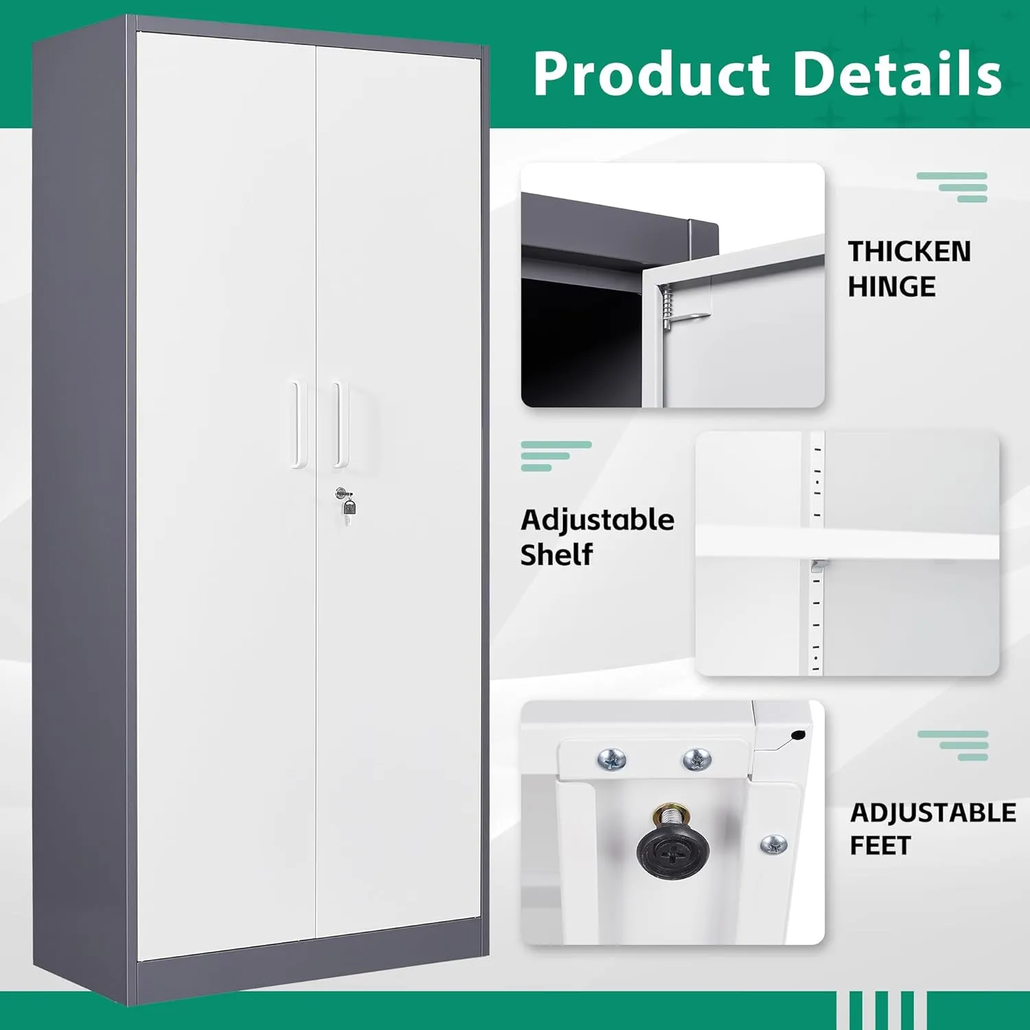 Letaya Metal Storage Cabinet with Lock Door and 5 Shelves,6 Tier Steel Garage Tool Cabinet for Home Office Utility Room 72" H X 36" W X18 D (White Gray)