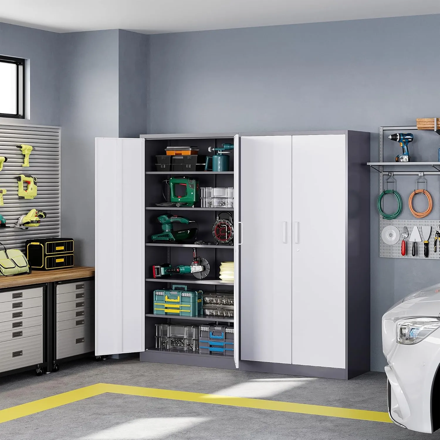 Letaya Metal Storage Cabinet with Lock Door and 5 Shelves,6 Tier Steel Garage Tool Cabinet for Home Office Utility Room 72" H X 36" W X18 D (White Gray)