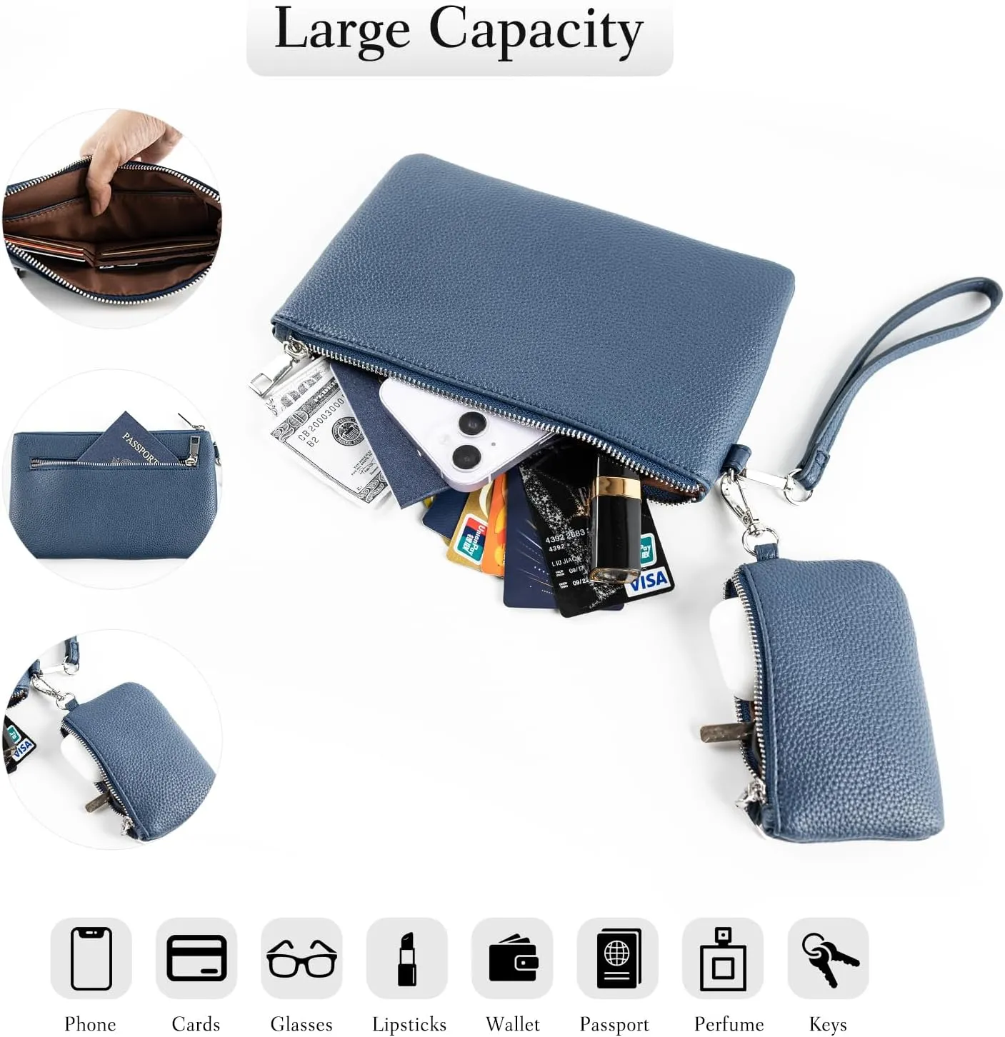letech  Wristlet Wallet for Women Dual Pouch Wristlet Portable wallet Coin Purse Wristlet Clutch Wallet Purse Credit Card Holder Gifts for Women Ladies Female blue