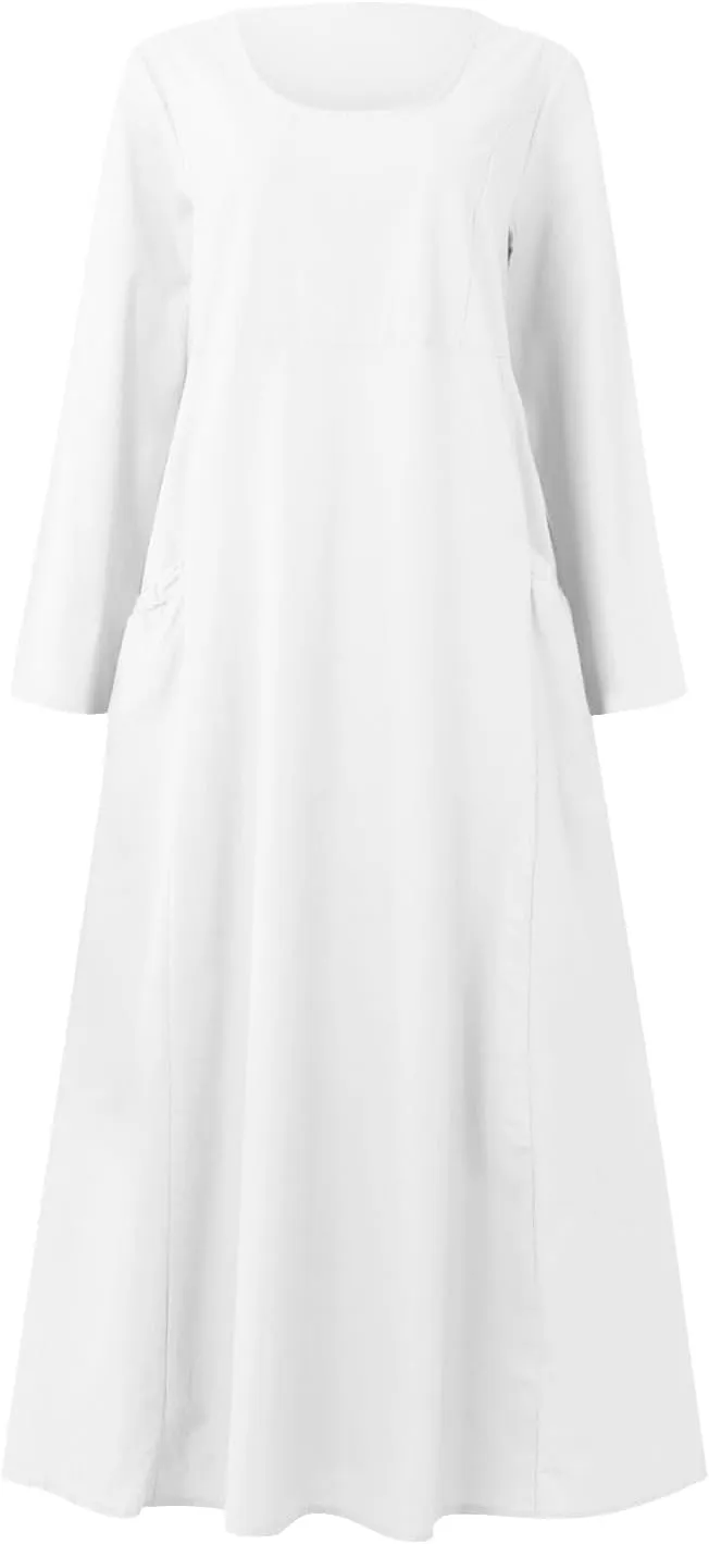 Linen Cotton Dresses for Women 2024 Long Sleeve Solid Casual Baggy Flowy Lightweight Vacation Maxi Dress with Pockets