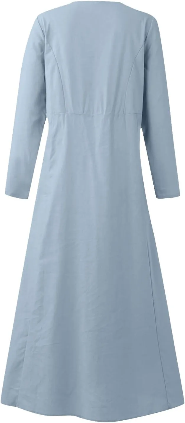 Linen Cotton Dresses for Women 2024 Long Sleeve Solid Casual Baggy Flowy Lightweight Vacation Maxi Dress with Pockets