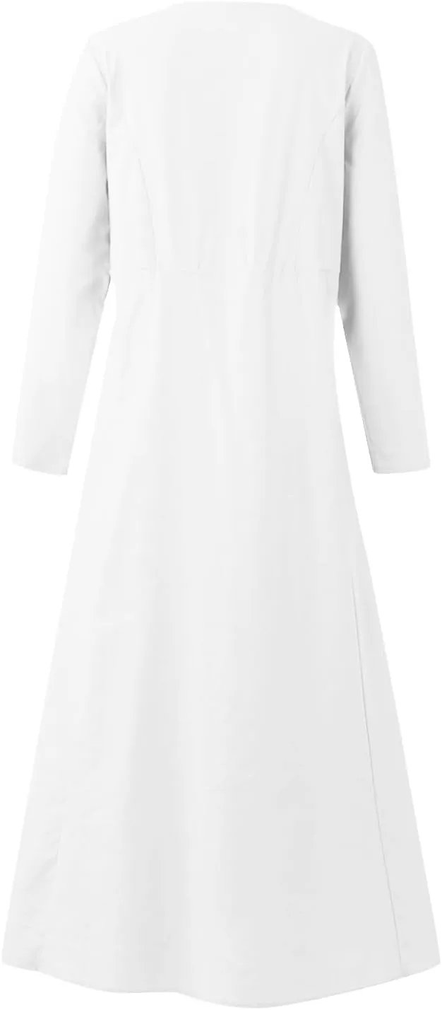 Linen Cotton Dresses for Women 2024 Long Sleeve Solid Casual Baggy Flowy Lightweight Vacation Maxi Dress with Pockets