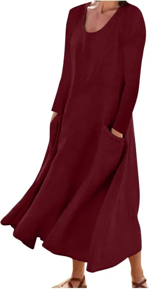 Linen Cotton Dresses for Women 2024 Long Sleeve Solid Casual Baggy Flowy Lightweight Vacation Maxi Dress with Pockets