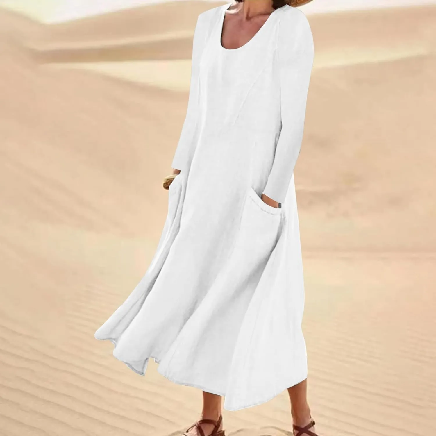 Linen Cotton Dresses for Women 2024 Long Sleeve Solid Casual Baggy Flowy Lightweight Vacation Maxi Dress with Pockets