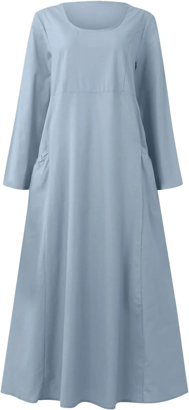 Linen Cotton Dresses for Women 2024 Long Sleeve Solid Casual Baggy Flowy Lightweight Vacation Maxi Dress with Pockets