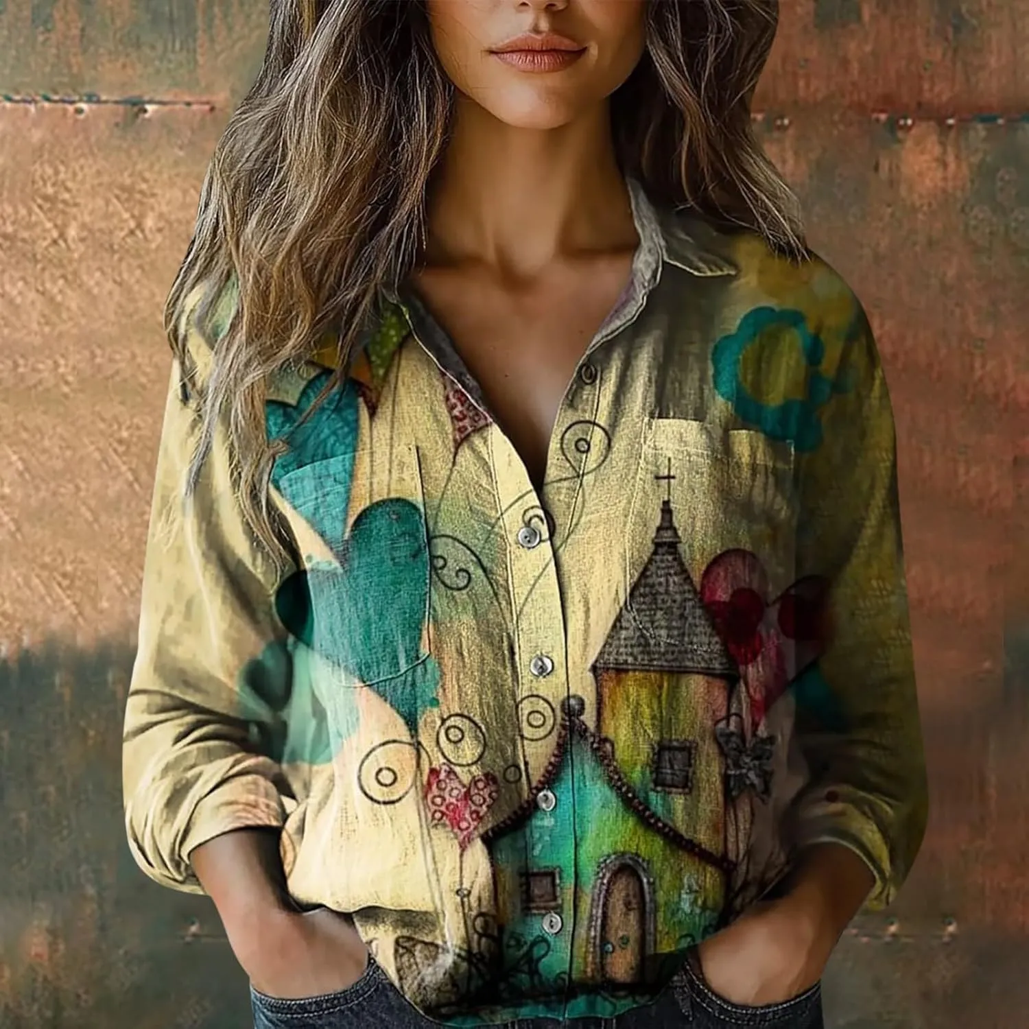 Linen Shirts for Women Fashion Down Shirts Casual Tops Long Sleeve Blouse Collared V Neck