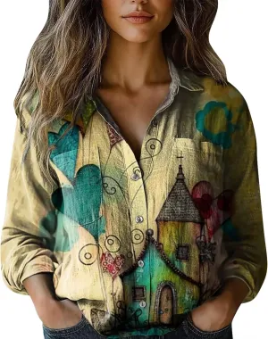 Linen Shirts for Women Fashion Down Shirts Casual Tops Long Sleeve Blouse Collared V Neck