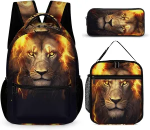 Lion Backpack with Lunch Box & Pencil Case, 16 Inch Cute Lions Themed Bookbag, Adjustable Lightweight Large Capacity, Colorful Daily Casual Backpacks Set with Lunch Bag