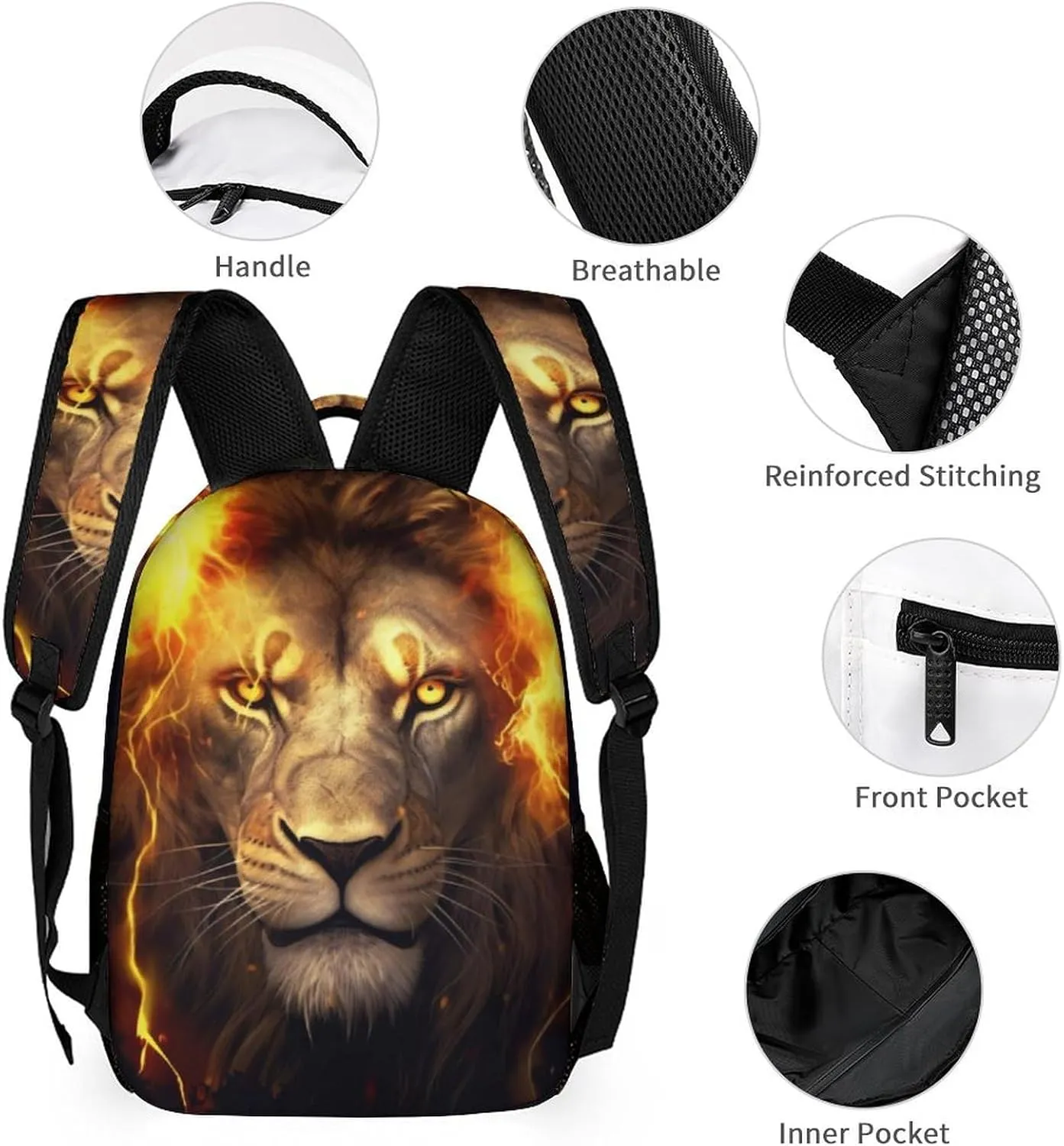 Lion Backpack with Lunch Box & Pencil Case, 16 Inch Cute Lions Themed Bookbag, Adjustable Lightweight Large Capacity, Colorful Daily Casual Backpacks Set with Lunch Bag