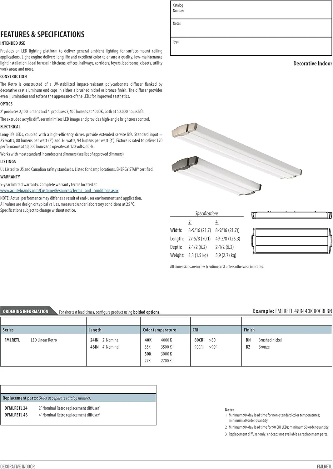 Lithonia Lighting FMLRETL 48IN 30K 80CRI BZ LED Linear Flush Mount Light, 3000k, 36 watts, 3100 lumens, 4 feet, Bronze