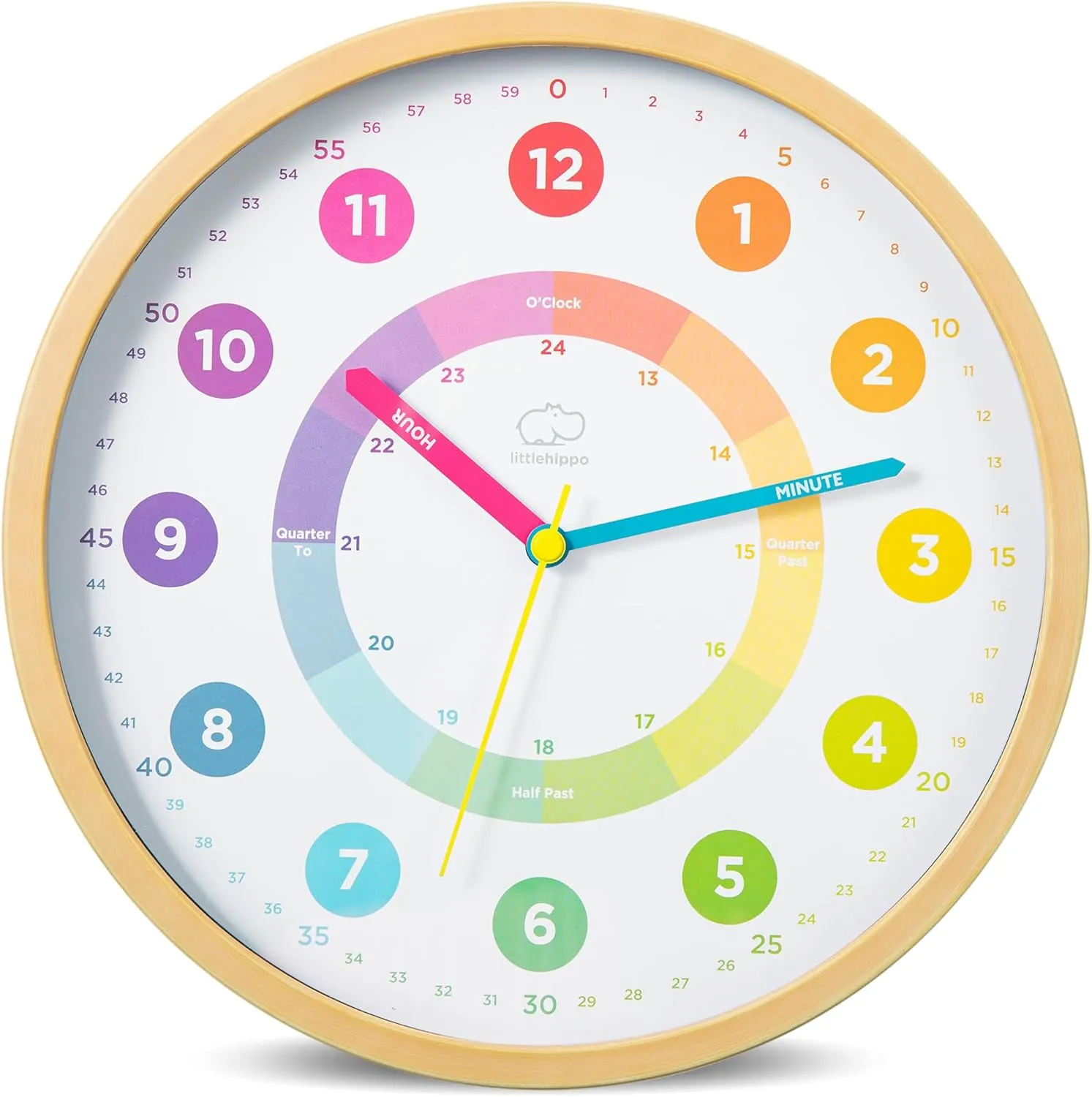LittleHippo Learning Clock for Kids for Teaching to Tell Time - Kid's Analog, Silent, Non-Ticking Wall Clock for Bedrooms, Nursery, Playroom, School Classroom, Study to Learn to Tell Time