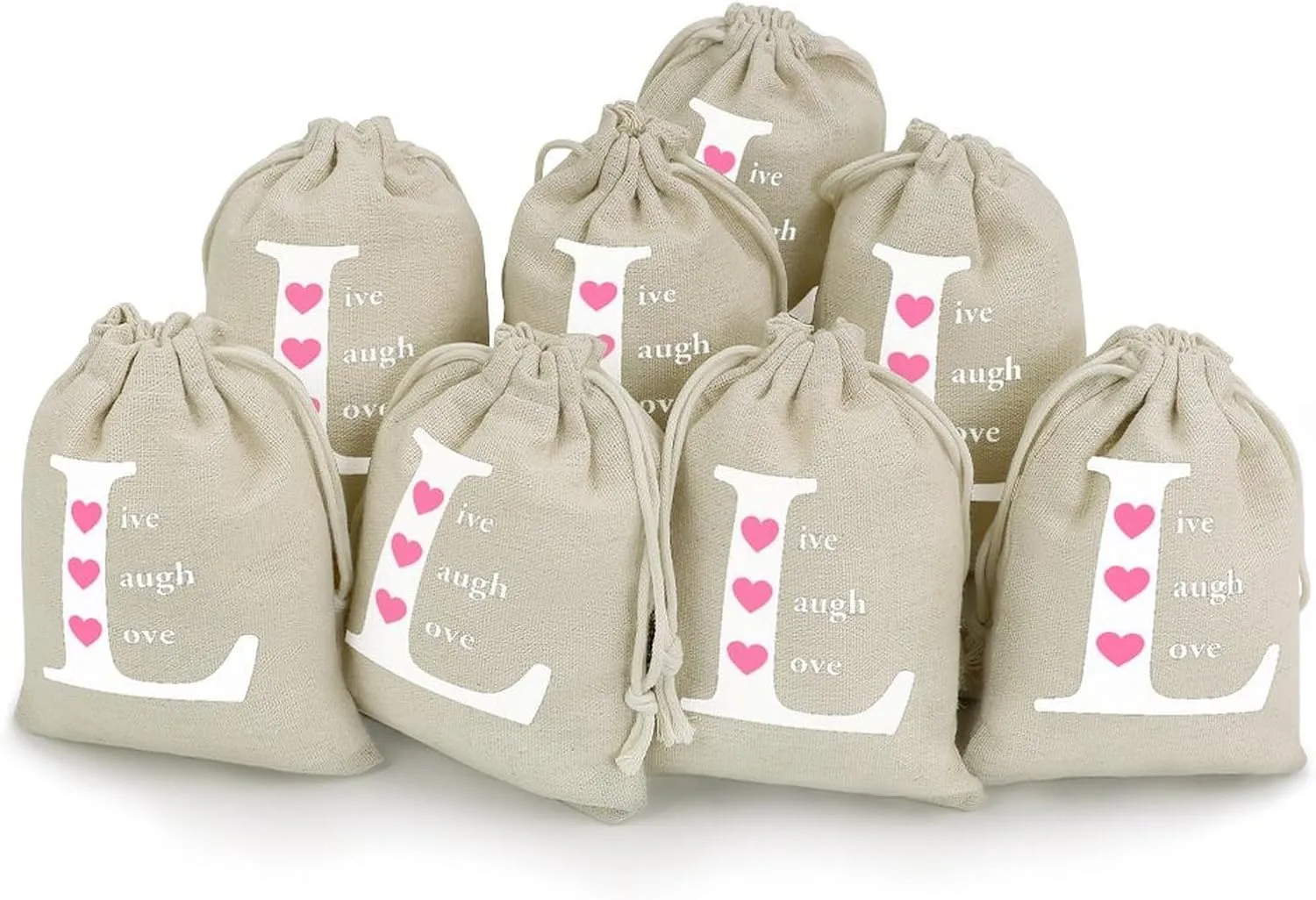 Live Laugh Love Cute Tag Drawstring Gift Bags 8 Sets Pockets DIY Jewelry Storage Pouches Wedding Party