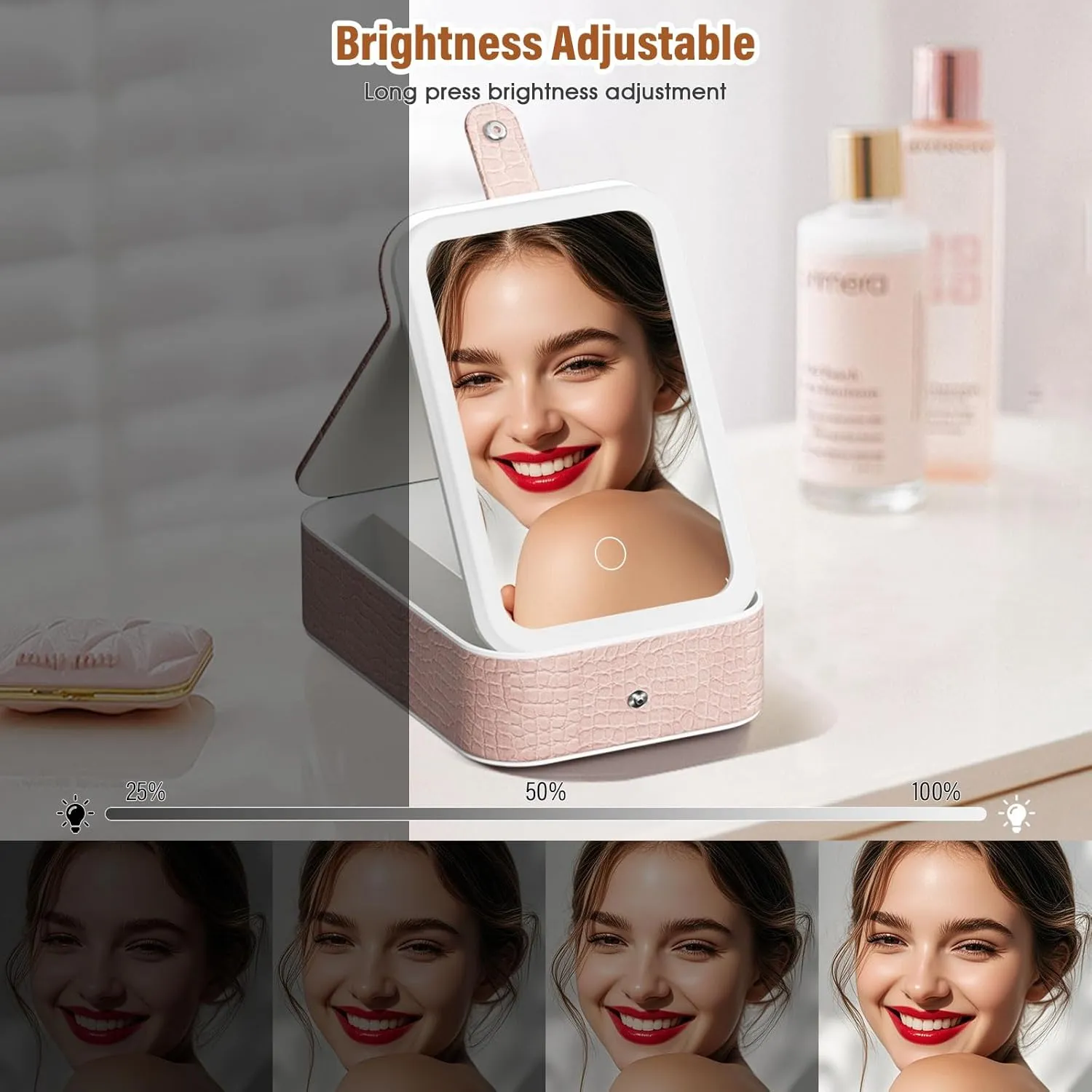 LiveGo 3-Color LED Travel Jewelry Case and Makeup Bag with Mirror, Dust-Proof Jewelry Box, 10 Sealed Jewelry Bags - Compact Cosmetic Mirror Case for Women Girls Travel Essentials (Pink, L)