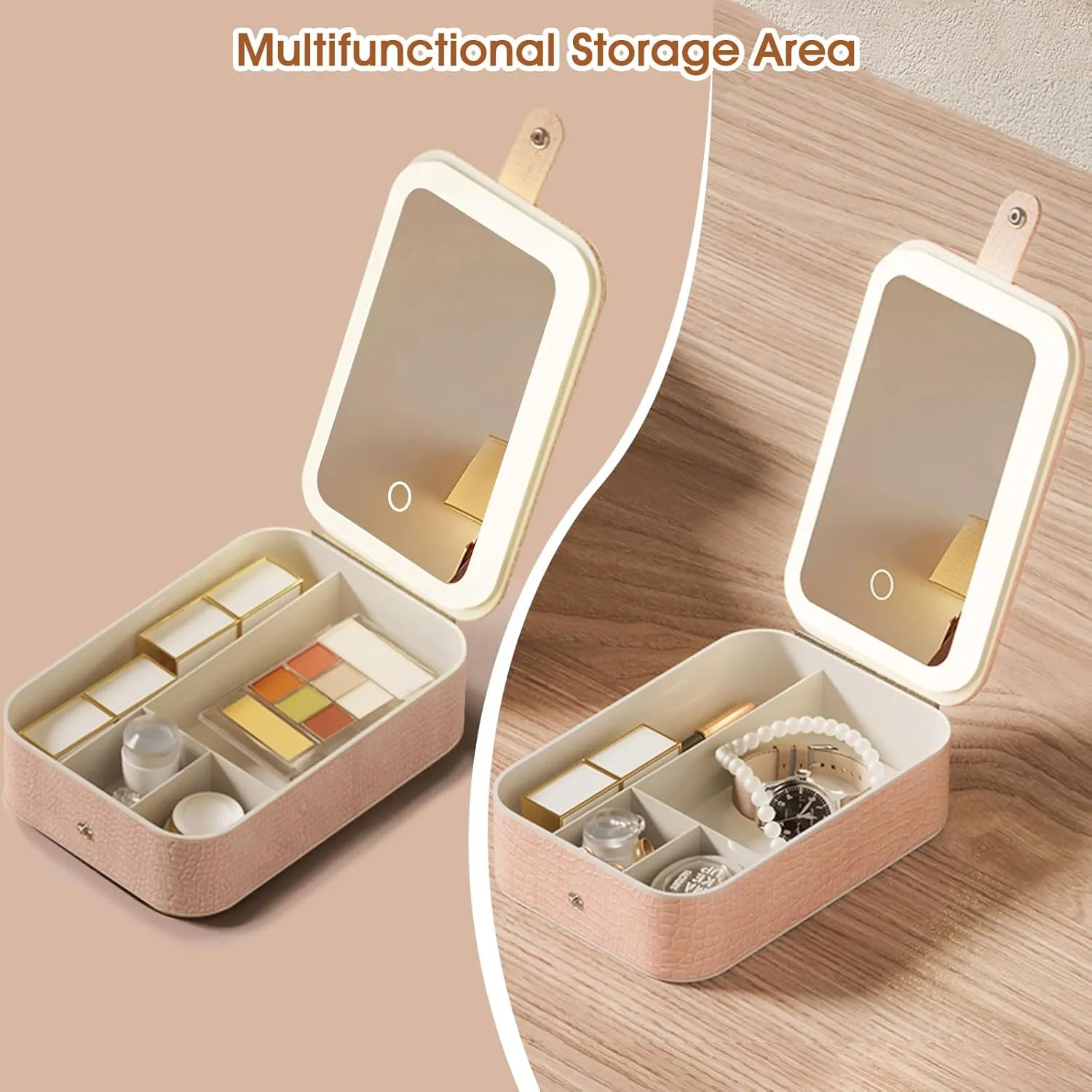LiveGo 3-Color LED Travel Jewelry Case and Makeup Bag with Mirror, Dust-Proof Jewelry Box, 10 Sealed Jewelry Bags - Compact Cosmetic Mirror Case for Women Girls Travel Essentials (Pink, L)