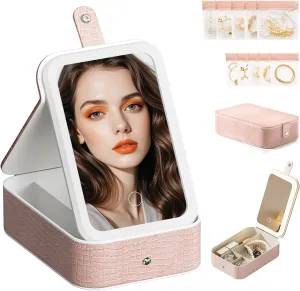 LiveGo 3-Color LED Travel Jewelry Case and Makeup Bag with Mirror, Dust-Proof Jewelry Box, 10 Sealed Jewelry Bags - Compact Cosmetic Mirror Case for Women Girls Travel Essentials (Pink, L)