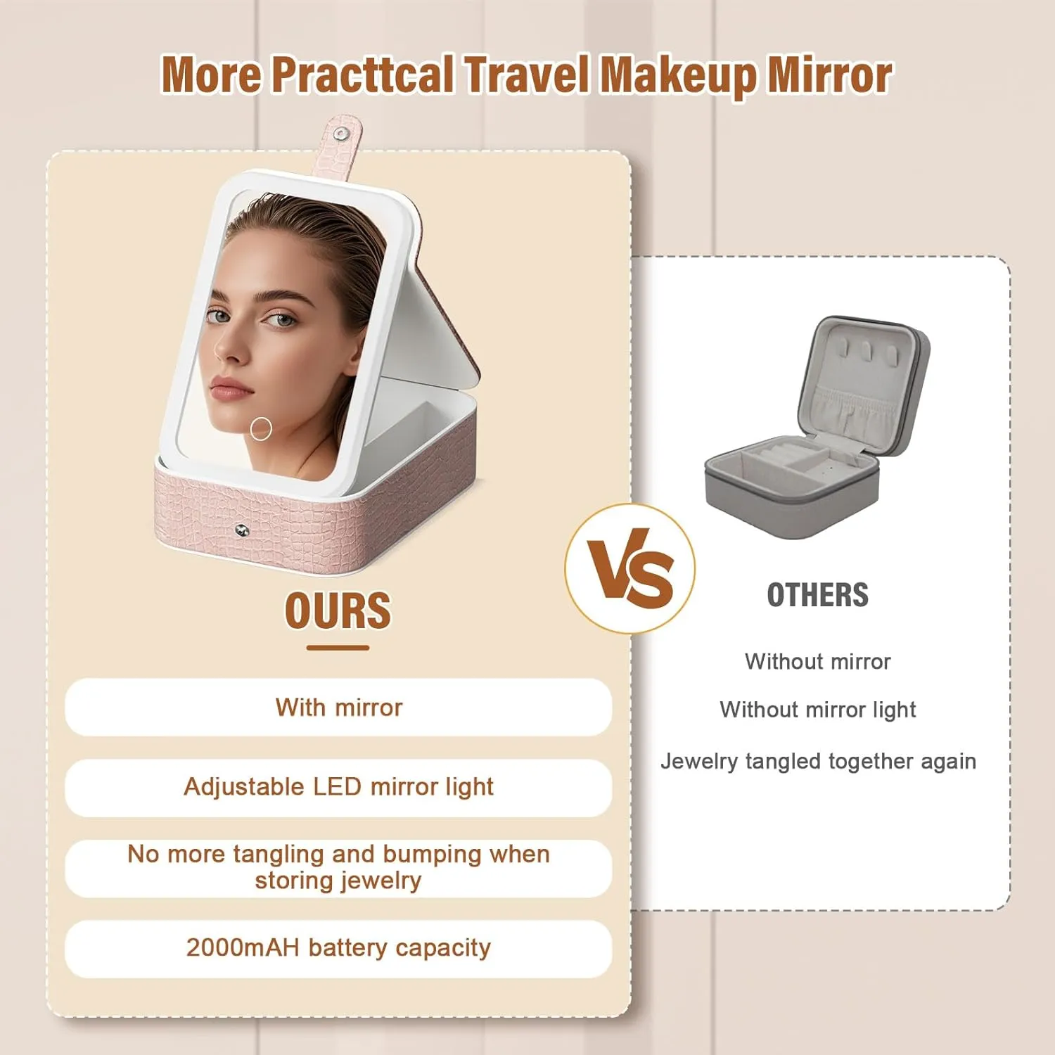 LiveGo 3-Color LED Travel Jewelry Case and Makeup Bag with Mirror, Dust-Proof Jewelry Box, 10 Sealed Jewelry Bags - Compact Cosmetic Mirror Case for Women Girls Travel Essentials (Pink, L)