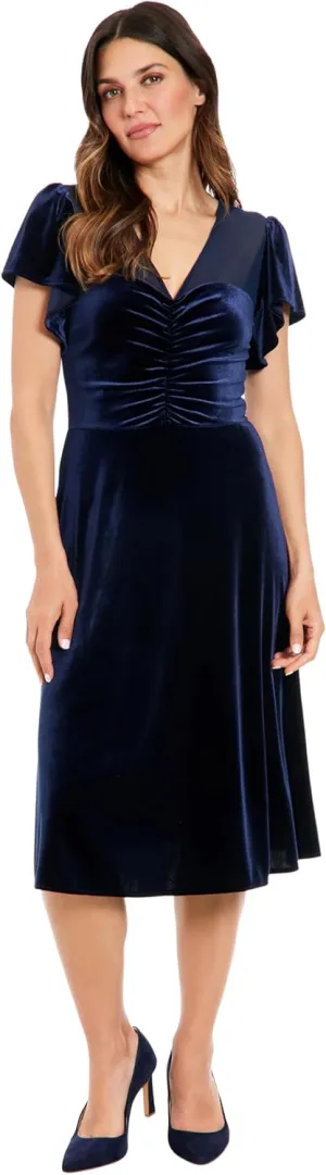London Times Women's Illusion Flutter SLV Ruched Midi