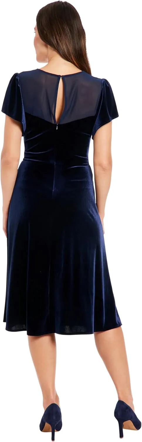 London Times Women's Illusion Flutter SLV Ruched Midi