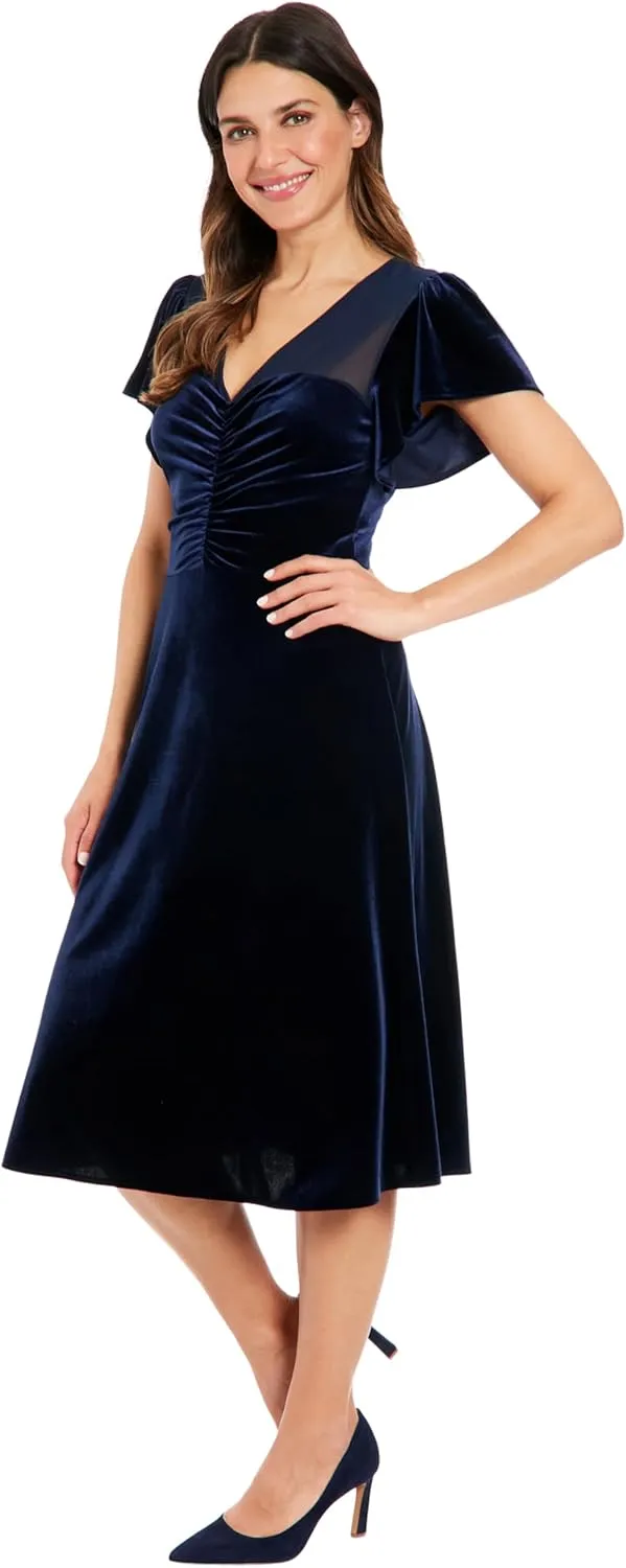 London Times Women's Illusion Flutter SLV Ruched Midi