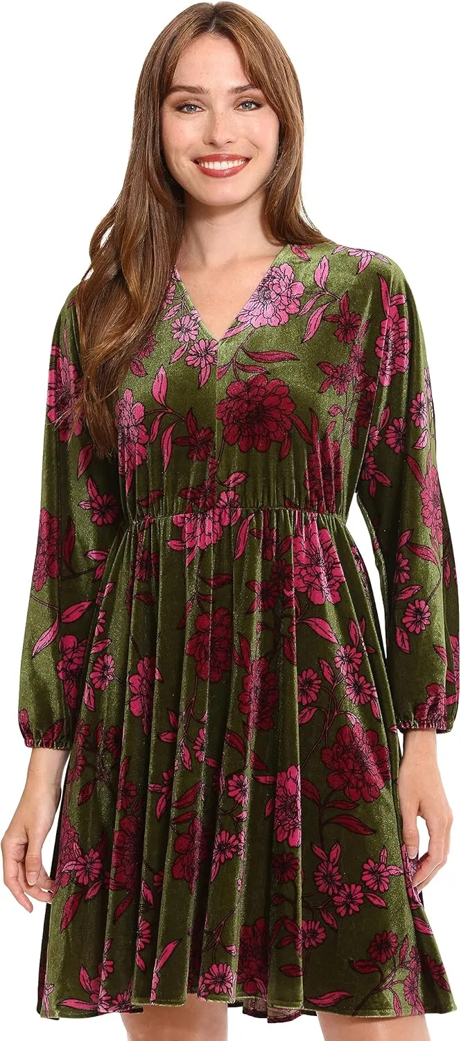 London Times Women's Long Sleeve V-Neck Dress