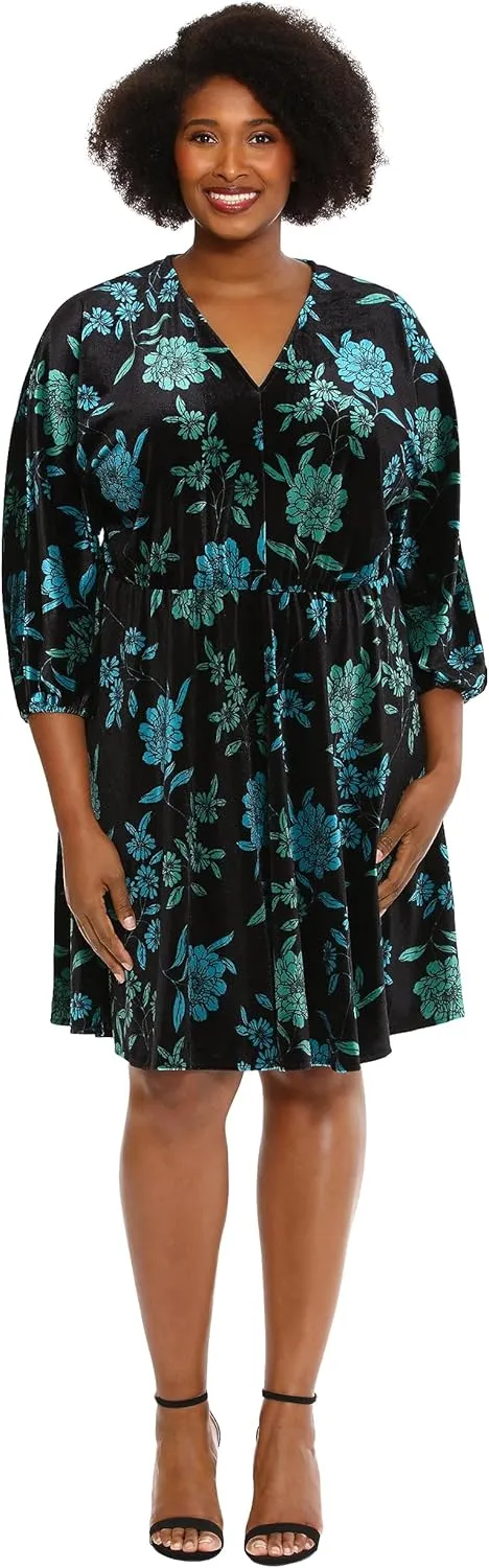 London Times Women's Long Sleeve V-Neck Dress