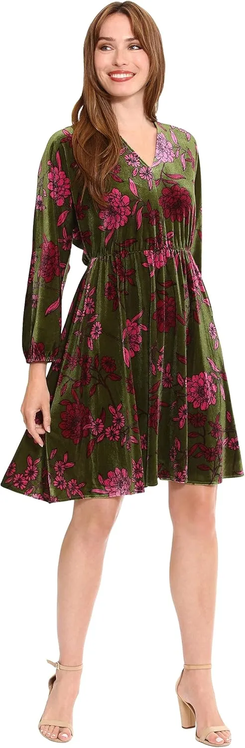 London Times Women's Long Sleeve V-Neck Dress