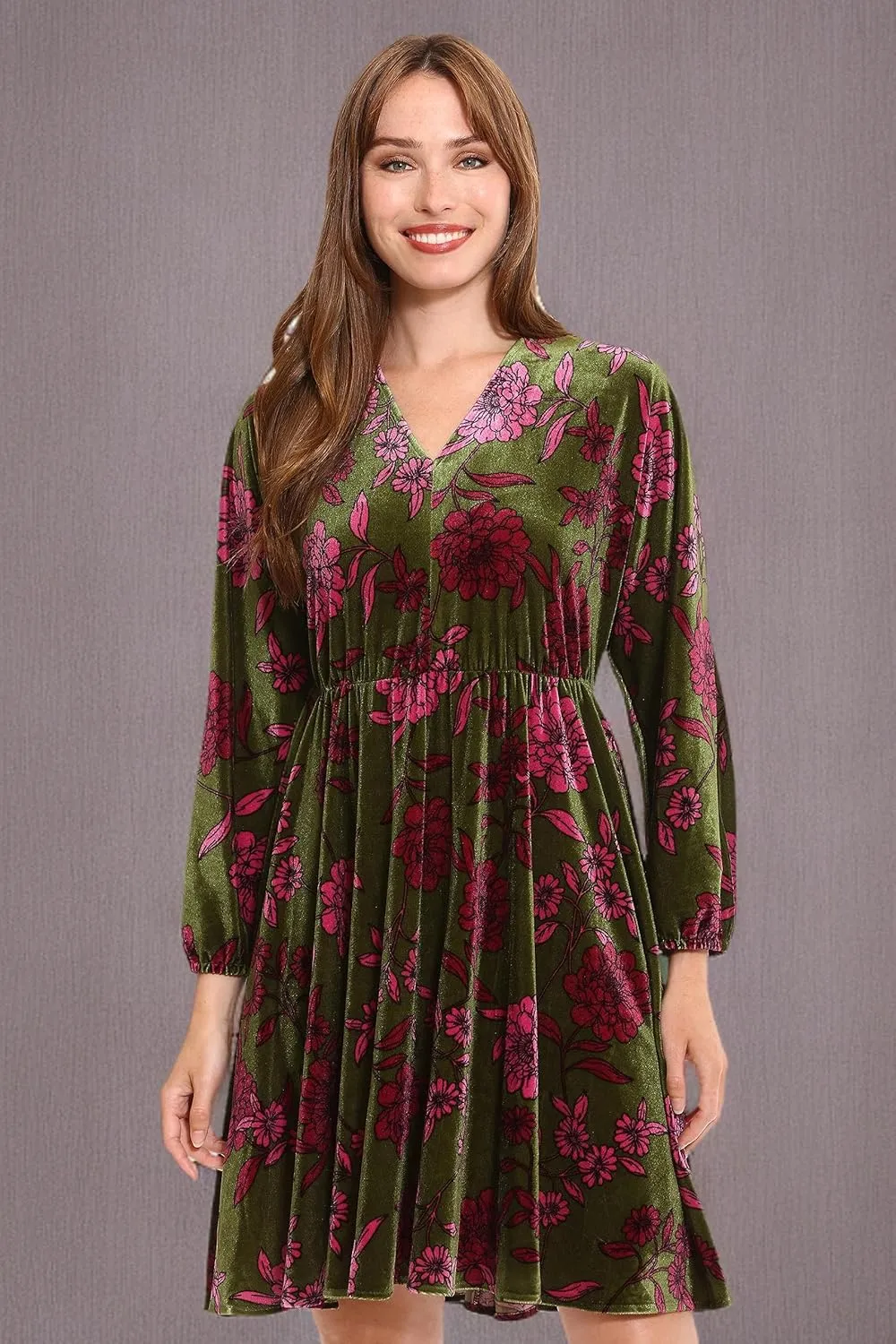London Times Women's Long Sleeve V-Neck Dress