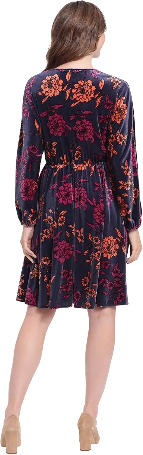 London Times Women's Long Sleeve V-Neck Dress
