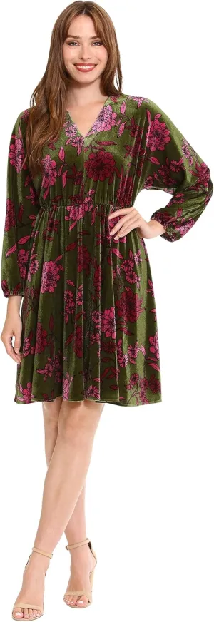 London Times Women's Long Sleeve V-Neck Dress