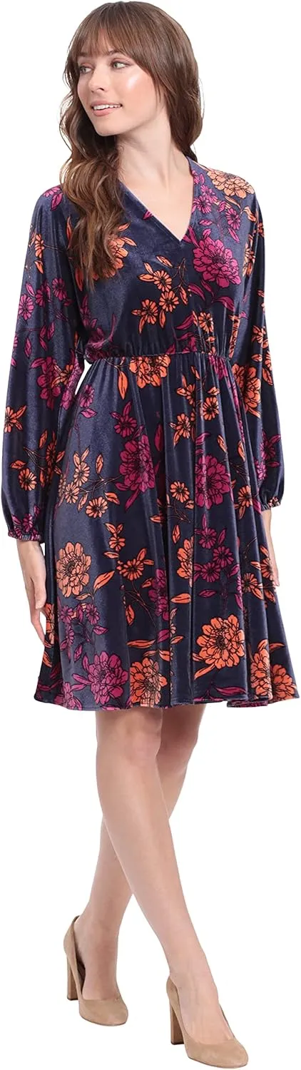 London Times Women's Long Sleeve V-Neck Dress