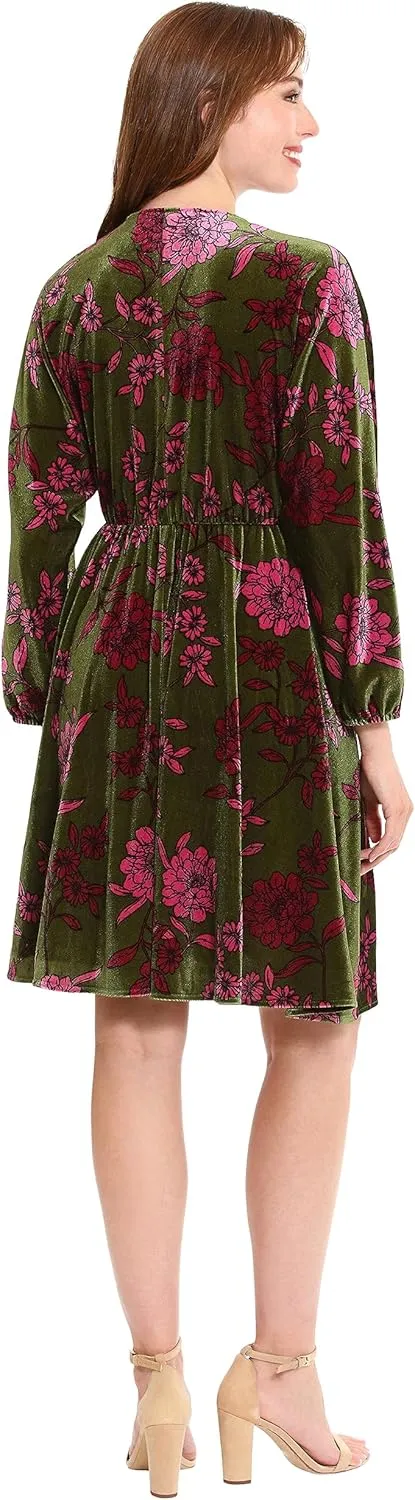 London Times Women's Long Sleeve V-Neck Dress