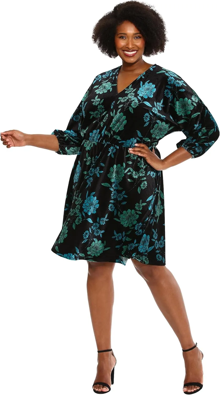 London Times Women's Long Sleeve V-Neck Dress