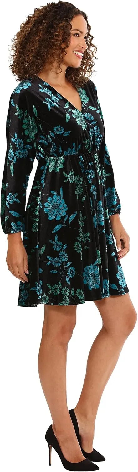 London Times Women's Long Sleeve V-Neck Dress