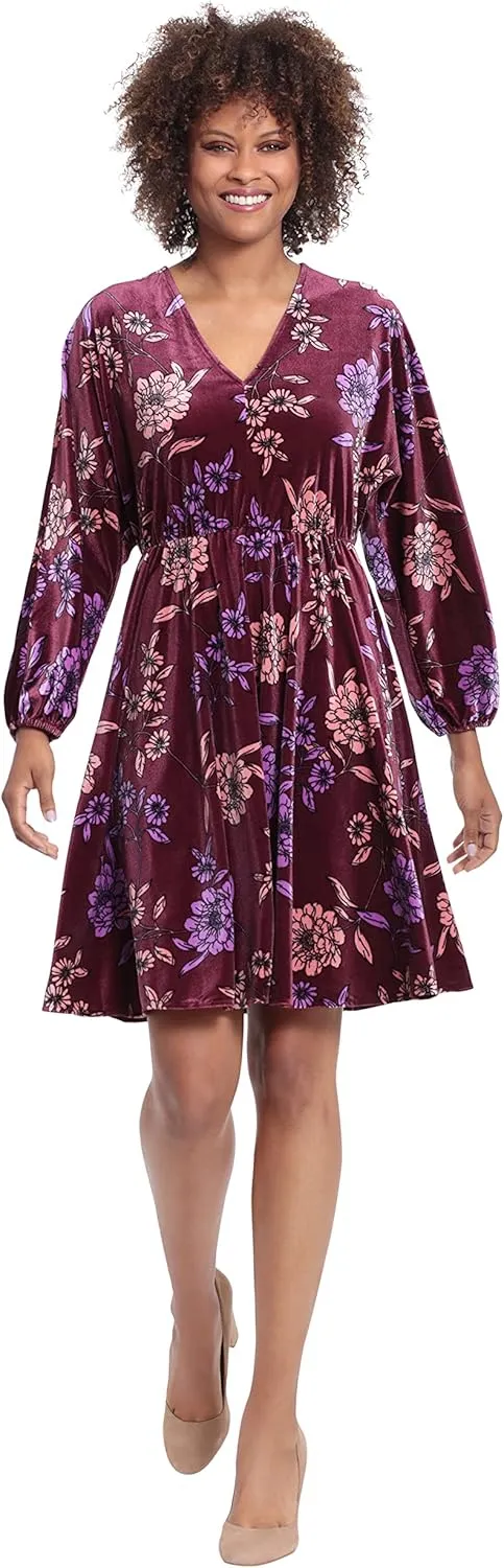 London Times Women's Long Sleeve V-Neck Dress