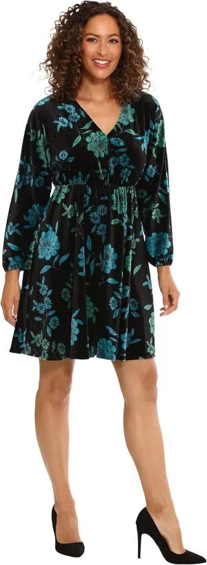 London Times Women's Long Sleeve V-Neck Dress