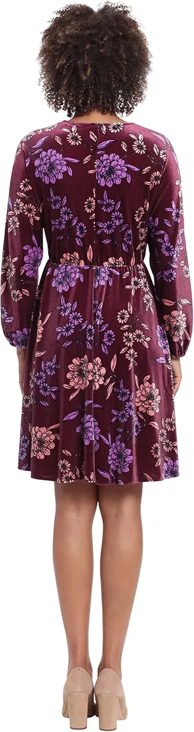 London Times Women's Long Sleeve V-Neck Dress