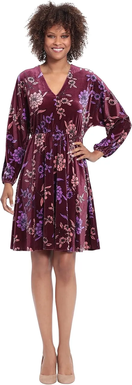 London Times Women's Long Sleeve V-Neck Dress