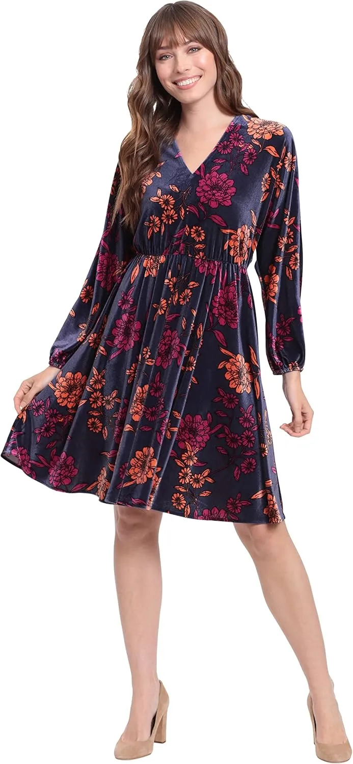 London Times Women's Long Sleeve V-Neck Dress