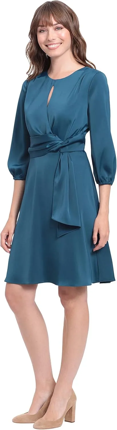 London Times Women's Twist Waist Detail Dress with Front Neck Keyhole