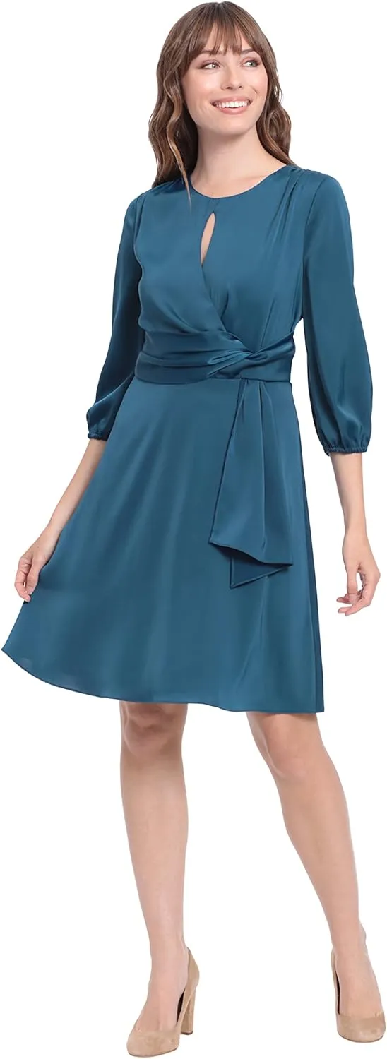 London Times Women's Twist Waist Detail Dress with Front Neck Keyhole