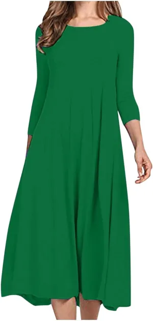 Long Dresses for Women Casual Plus Size Solid 3/4 Sleeve Loose Fit Ruffle Flowy Maxi Dress Fall Outfits Clothes 2024