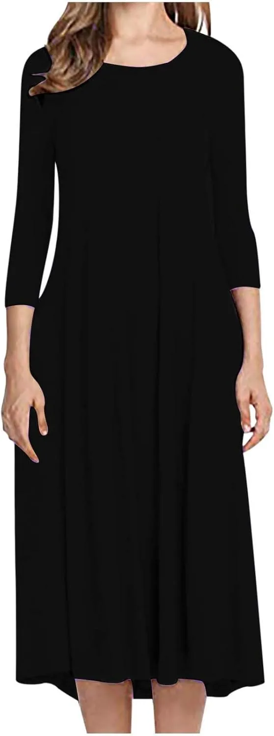 Long Dresses for Women Casual Plus Size Solid 3/4 Sleeve Loose Fit Ruffle Flowy Maxi Dress Fall Outfits Clothes 2024