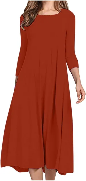 Long Dresses for Women Casual Plus Size Solid 3/4 Sleeve Loose Fit Ruffle Flowy Maxi Dress Fall Outfits Clothes 2024