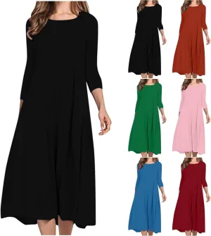 Long Dresses for Women Casual Plus Size Solid 3/4 Sleeve Loose Fit Ruffle Flowy Maxi Dress Fall Outfits Clothes 2024