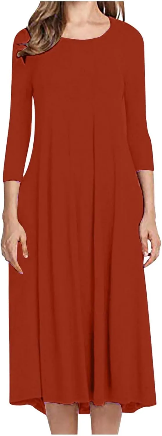Long Dresses for Women Casual Plus Size Solid 3/4 Sleeve Loose Fit Ruffle Flowy Maxi Dress Fall Outfits Clothes 2024
