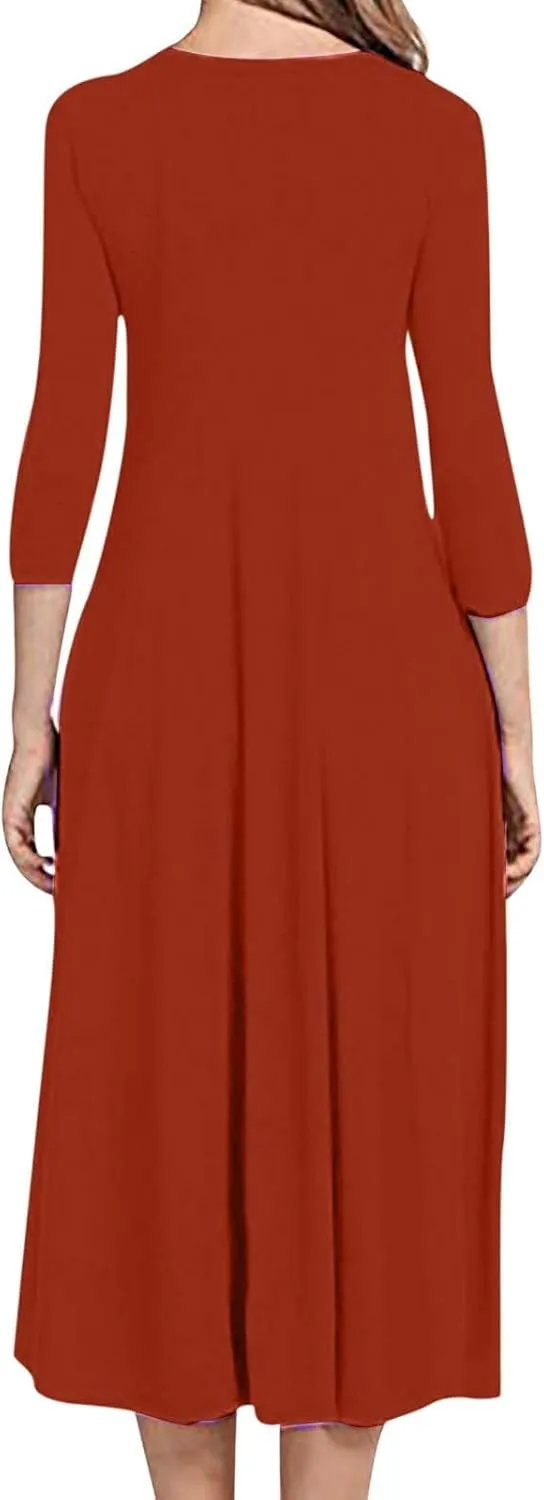 Long Dresses for Women Casual Plus Size Solid 3/4 Sleeve Loose Fit Ruffle Flowy Maxi Dress Fall Outfits Clothes 2024