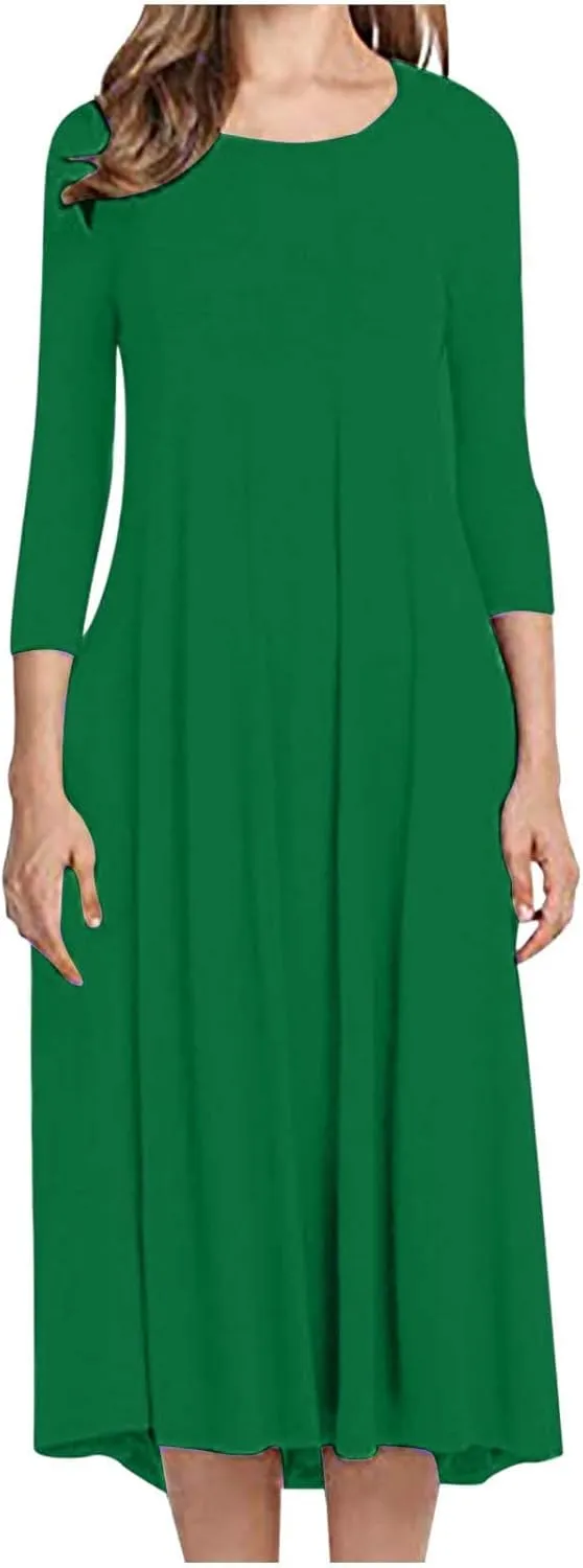 Long Dresses for Women Casual Plus Size Solid 3/4 Sleeve Loose Fit Ruffle Flowy Maxi Dress Fall Outfits Clothes 2024