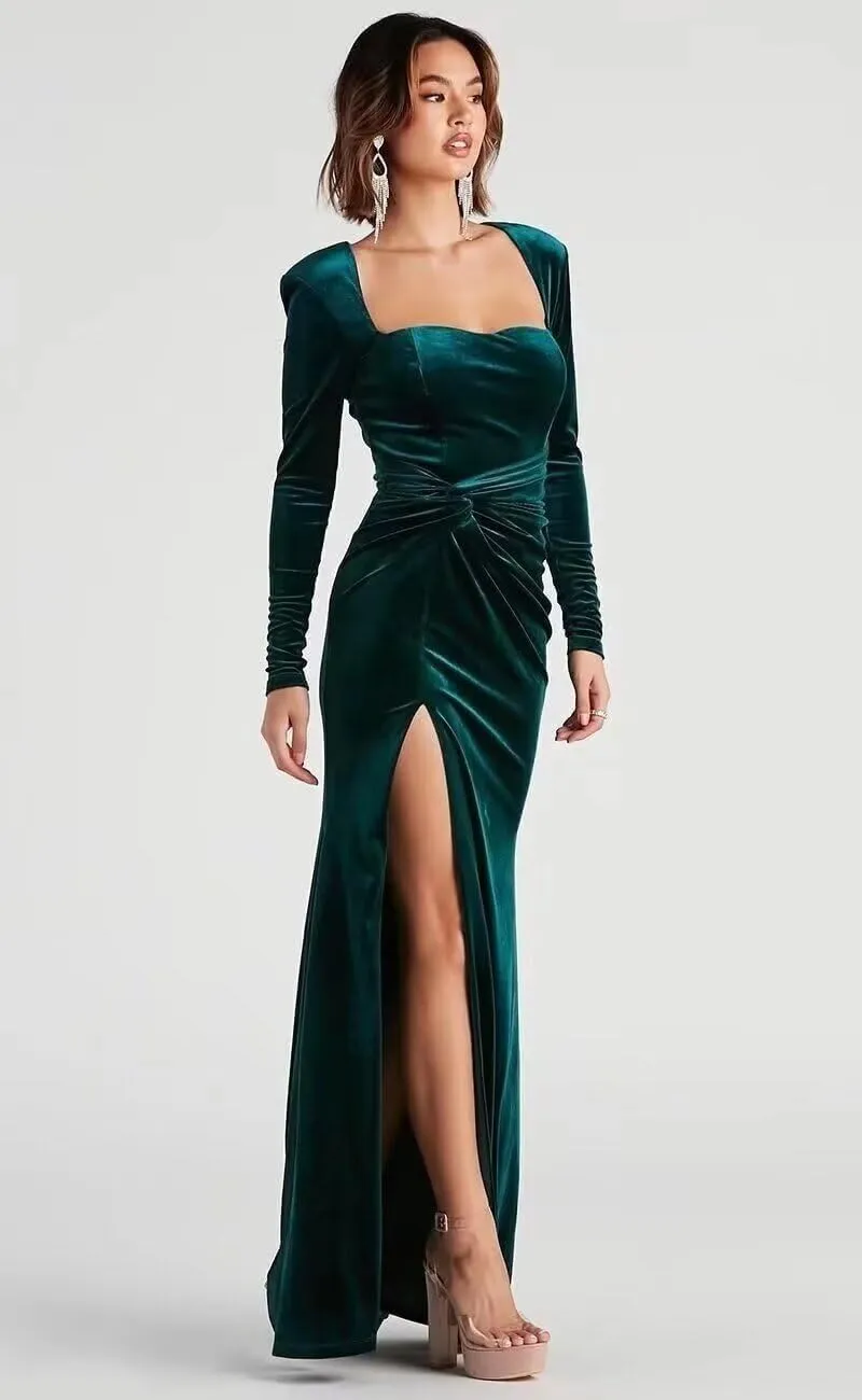 Long Sleeve Bridesmaid Dresses with Split Mermaid Prom Dress 2025 Velvet Formal Party Gowns for Women NSY011