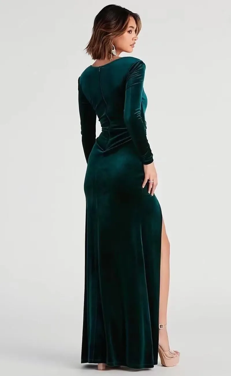 Long Sleeve Bridesmaid Dresses with Split Mermaid Prom Dress 2025 Velvet Formal Party Gowns for Women NSY011