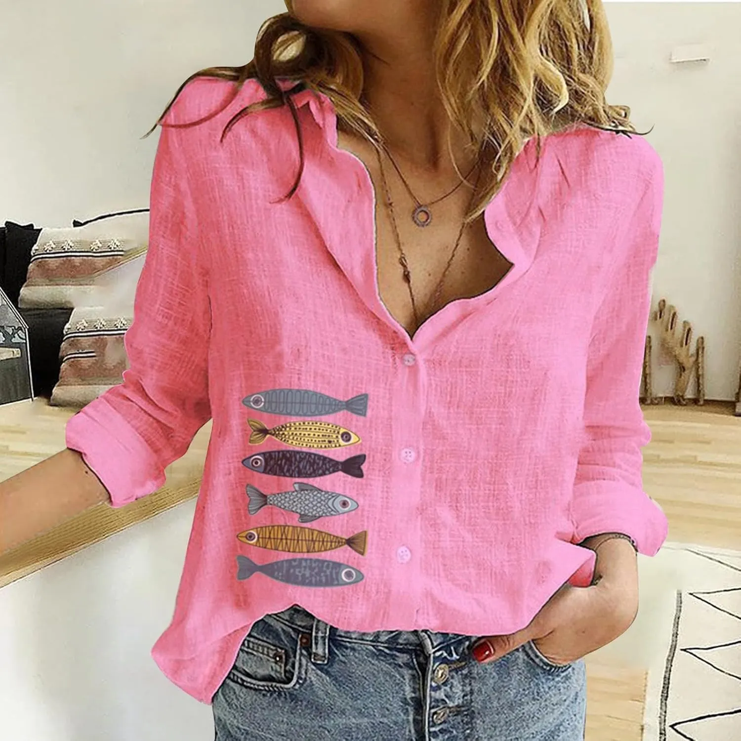Long Sleeve Shirts for Women Short Sleeve Button Down Blouse Plus Size Collared Linen Work Blouse Tops with Pocket